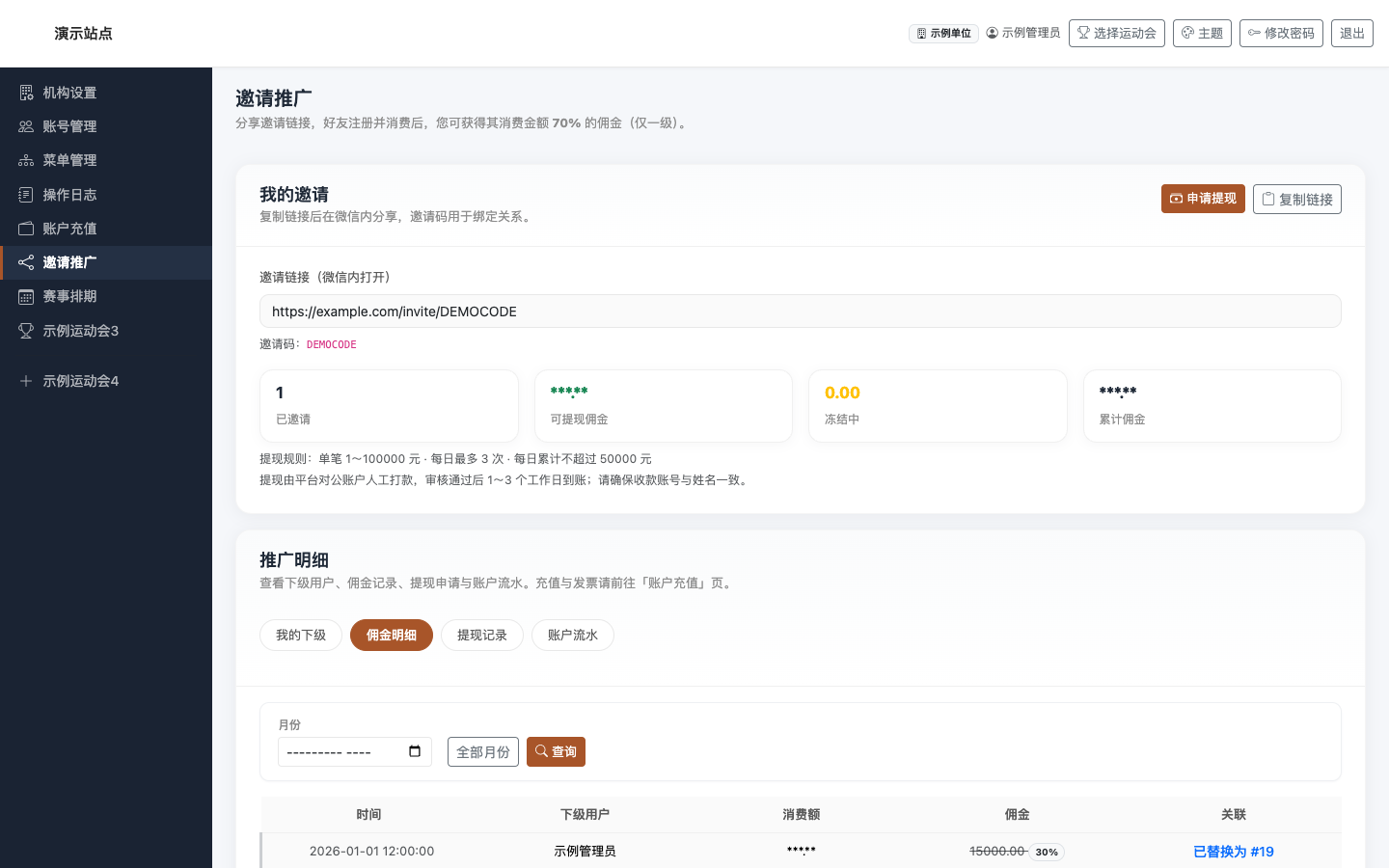 邀请推广 · 佣金明细